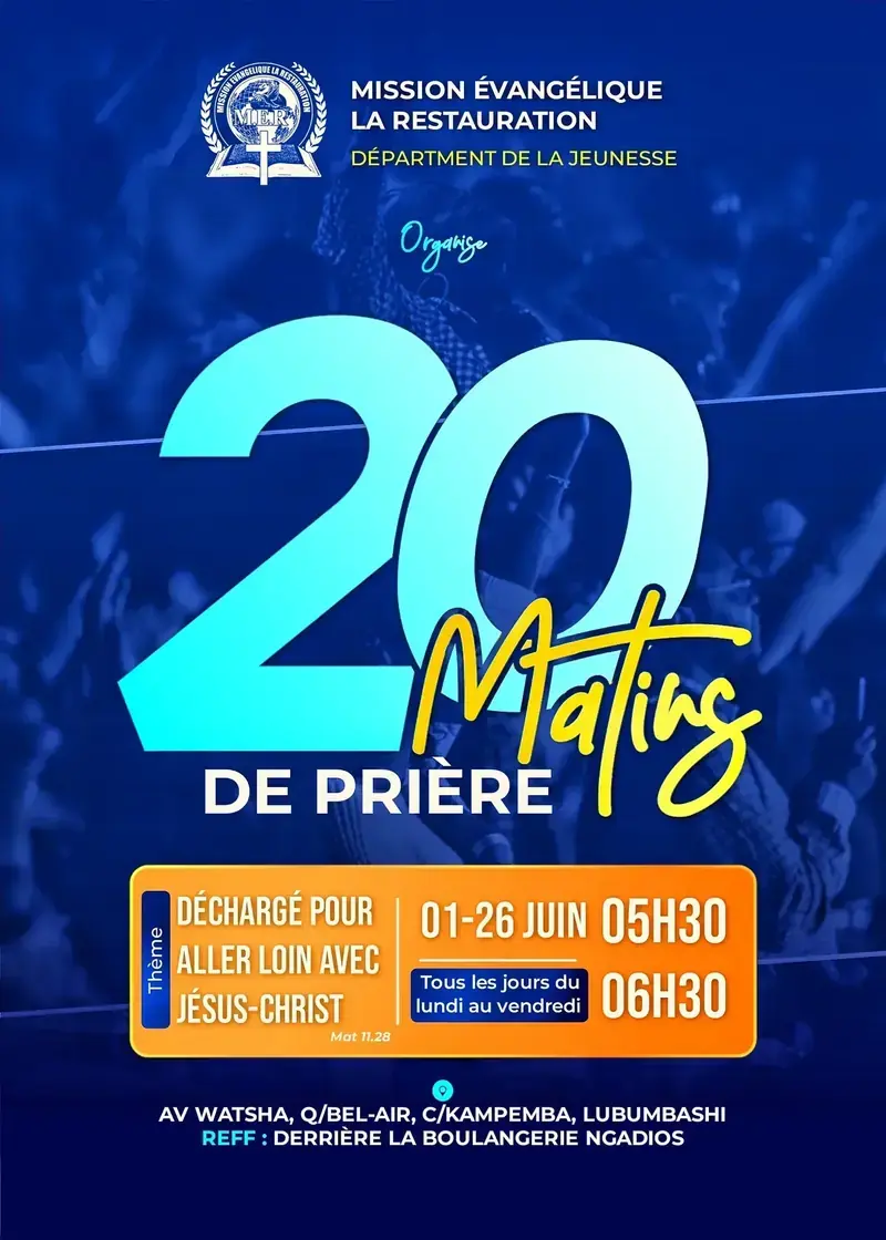 Affiche bleue et turquoise pour les 20 matins de prière de la Mission Évangélique La Restauration